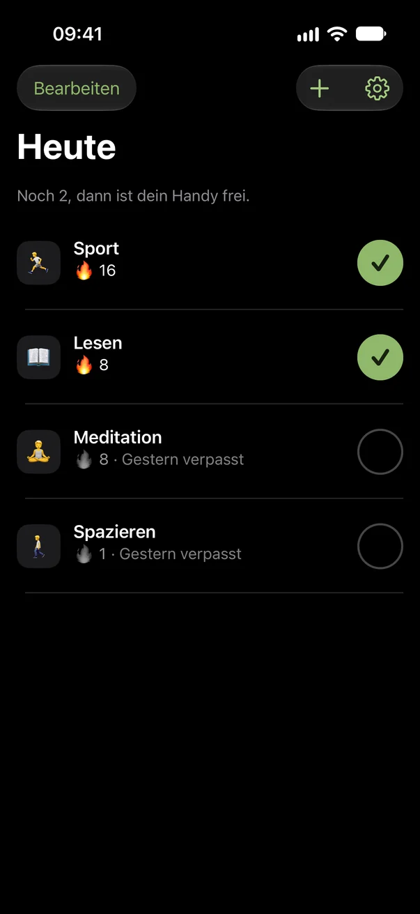 Die App mit vier guten Gewohnheiten. Sport und Lesen sind abgehakt. Meditation und Spazieren sind offen, gestern verpasst, ihre Flamme ist grau.